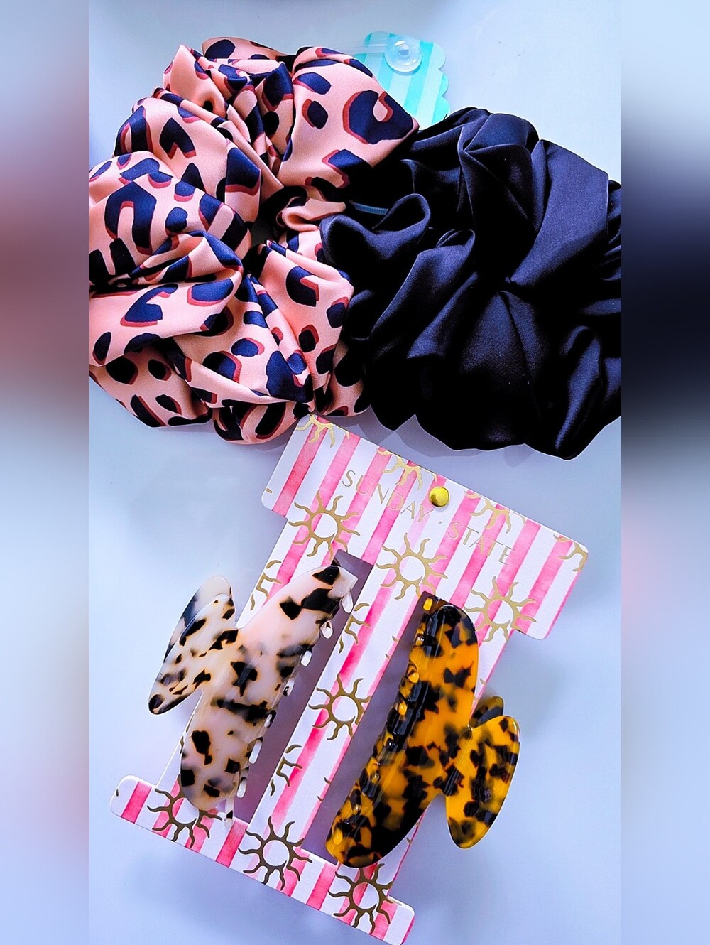Leopard Print, Black Scrunchie & Tortoiseshell Hair Claw Clip Set